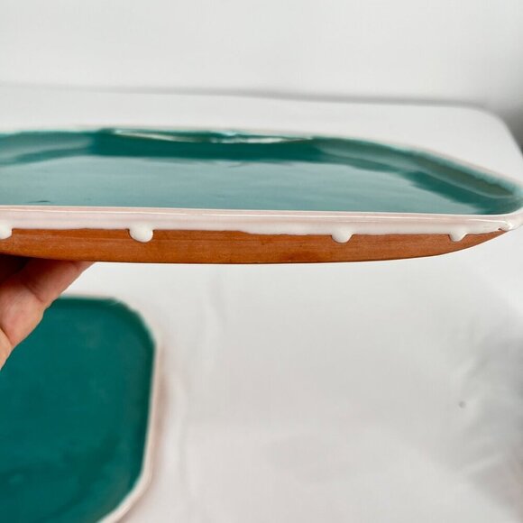 Vintage Turquoise Ceramic Dinnerware Set 6 Pieces Square Plates & Mugs - Picture 12 of 13